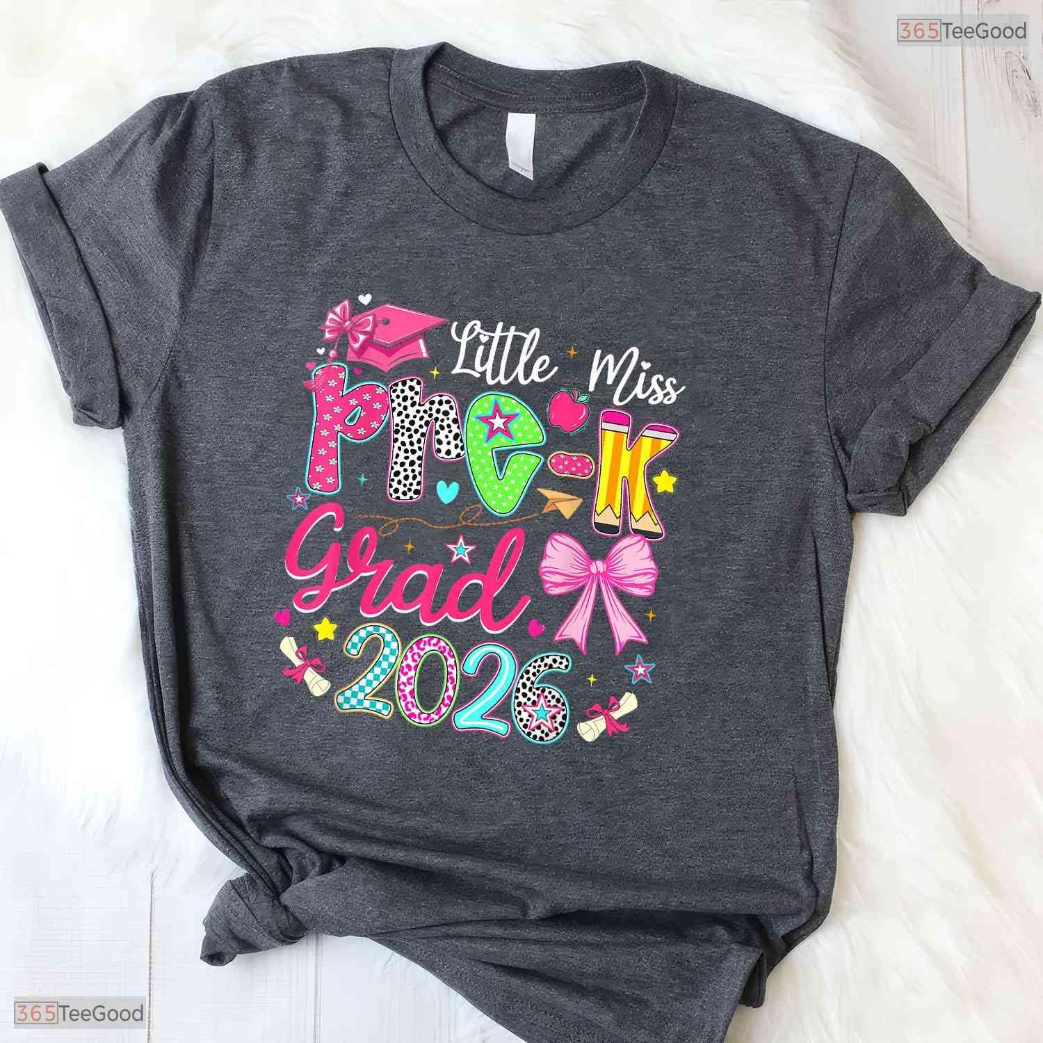 Cute Little Miss Pre-K Grad 2026 Preschool Graduation Ribbon Bow Girls Party T-Shirt