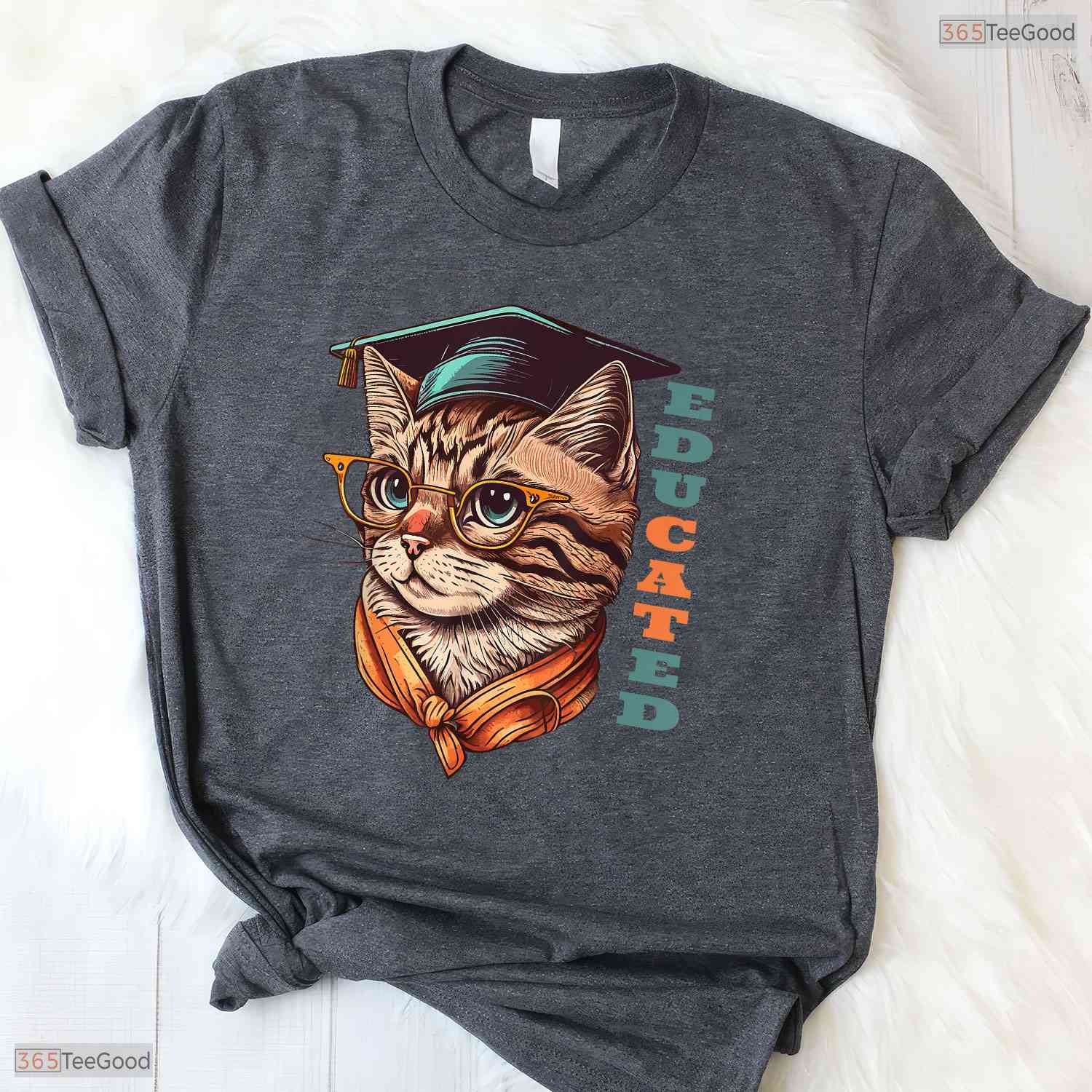 Funny Educated Cat In Graduation Cap Cute College Graduate Celebration Shirt