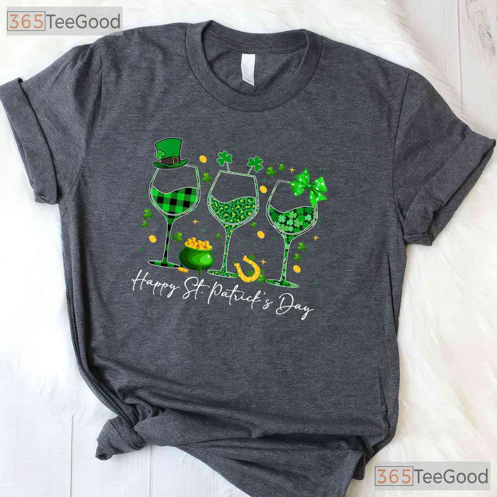 Leopard Shamrock Wine Glasses St Patricks Day T-Shirt Funny Drinking