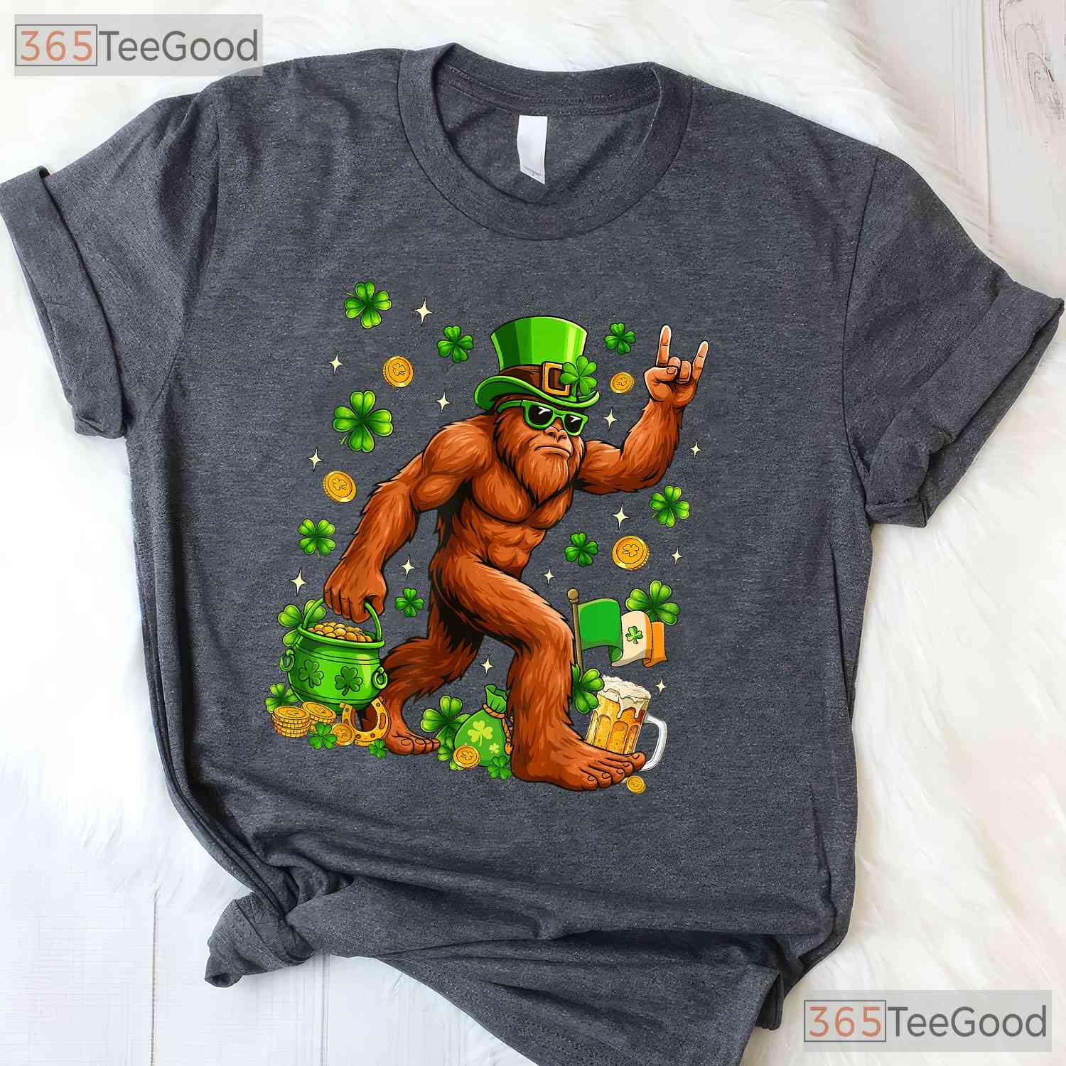 Bigfoot Sasquatch Carrying Shamrock St Patricks Day T-Shirt Hide Seek Champ
