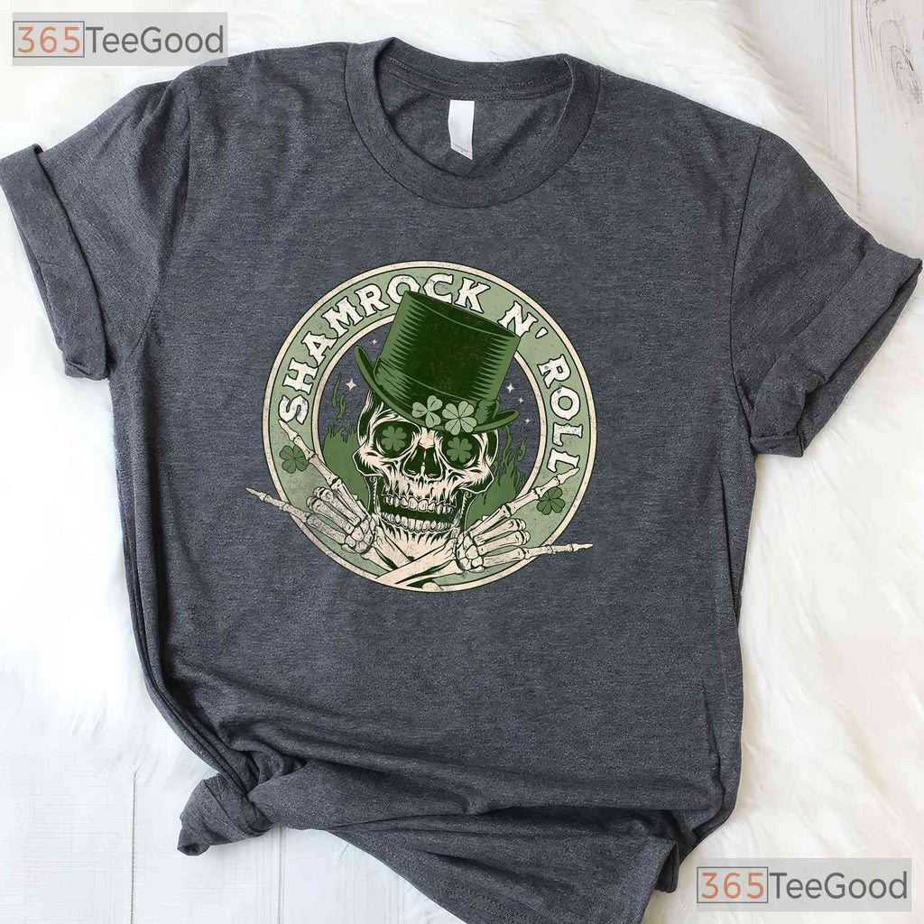 Shamrock And Roll Skull Rocker St Patricks Day T-Shirt Edgy Music Lover Tee