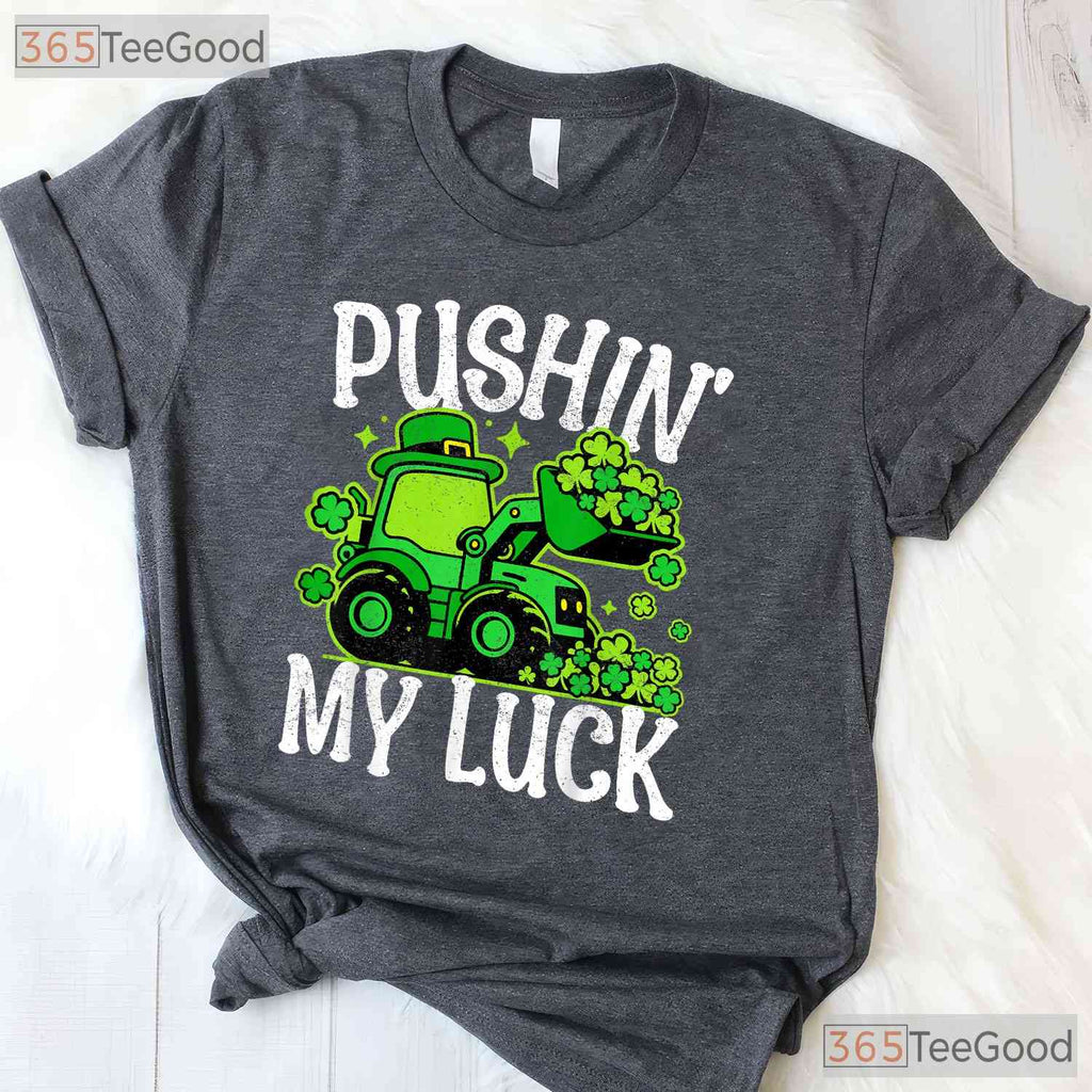 Pushing My Luck Tractor St Patricks Day T-Shirt Funny Farm Boys Toddler Tee