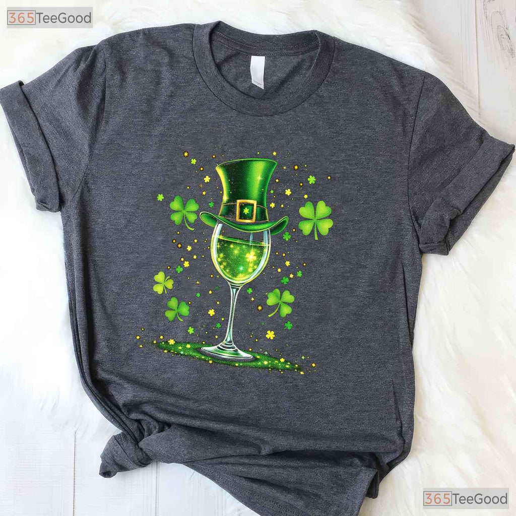 Irish Shamrock Wine Glass St Patricks Day T-Shirt Funny Drinking Women Tee