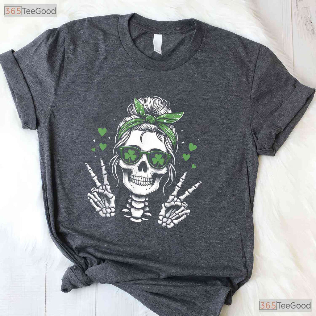 Skull Messy Bun Peace Sign St Patricks Day T-Shirt Edgy Women Irish Tee