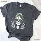 Skull Messy Bun Peace Sign St Patricks Day T-Shirt Edgy Women Irish Tee