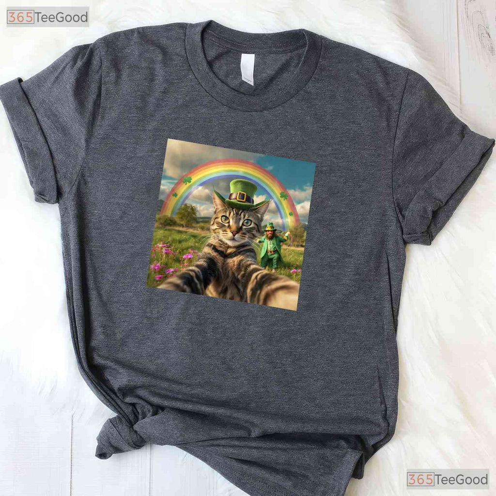 Cat Selfie With Leprechaun St Patricks Day T-Shirt Funny Photo Irish Tee