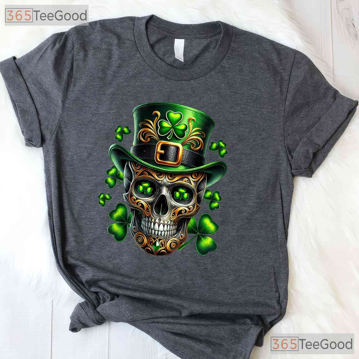 Irish Skull Shamrock Leprechaun St Patricks Day T-Shirt Edgy Men Biker Tee