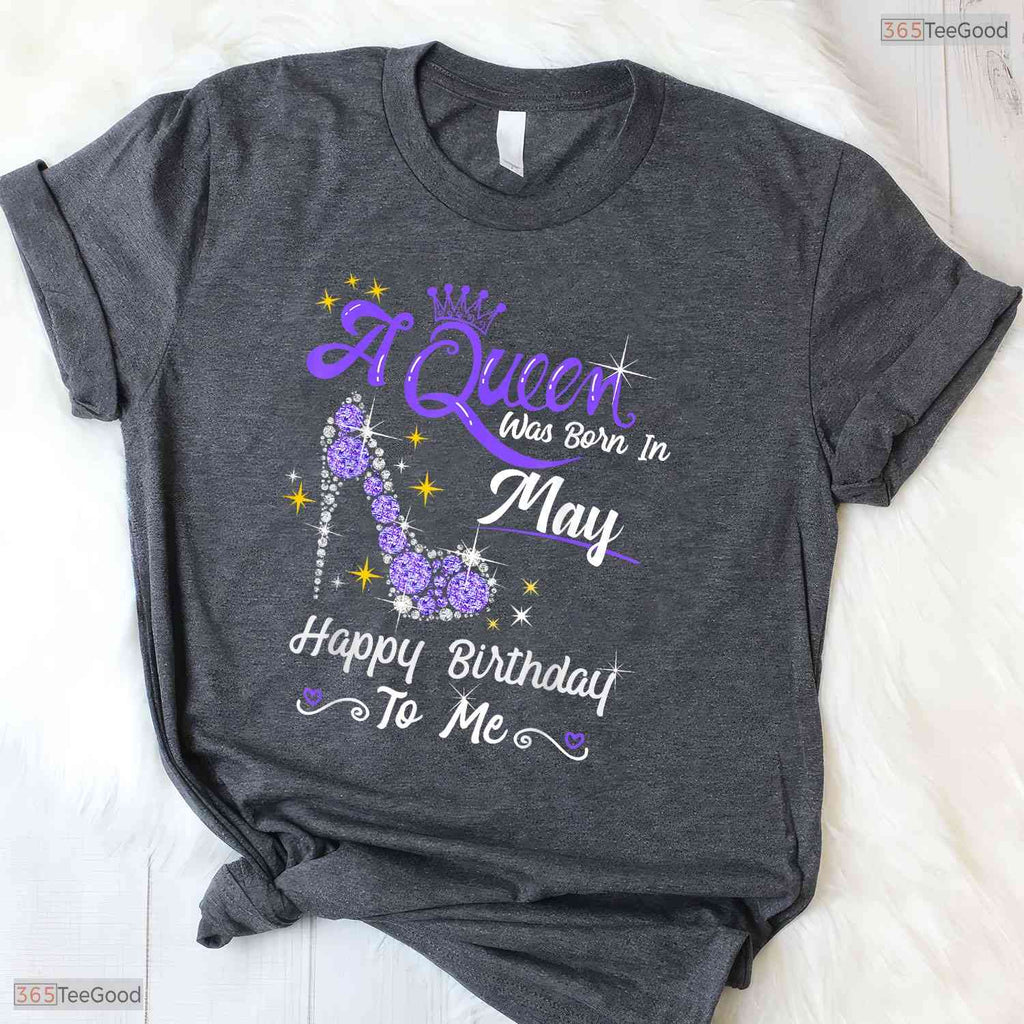 May Queen High Heel Crown T-Shirt- Fabulous Women's May Birthday Party Shirt