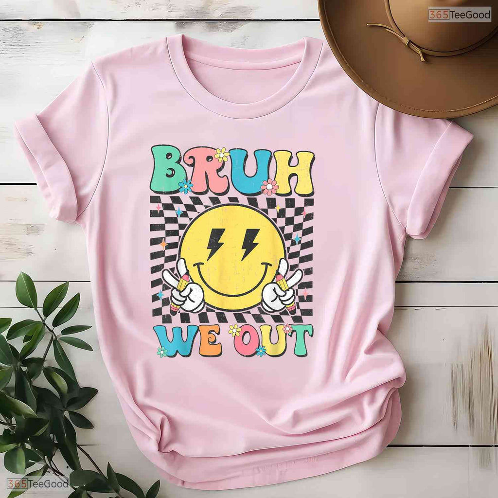 Checkered Bruh We Out Summer Break T-Shirt- Adult May Birthday Shirt Gift