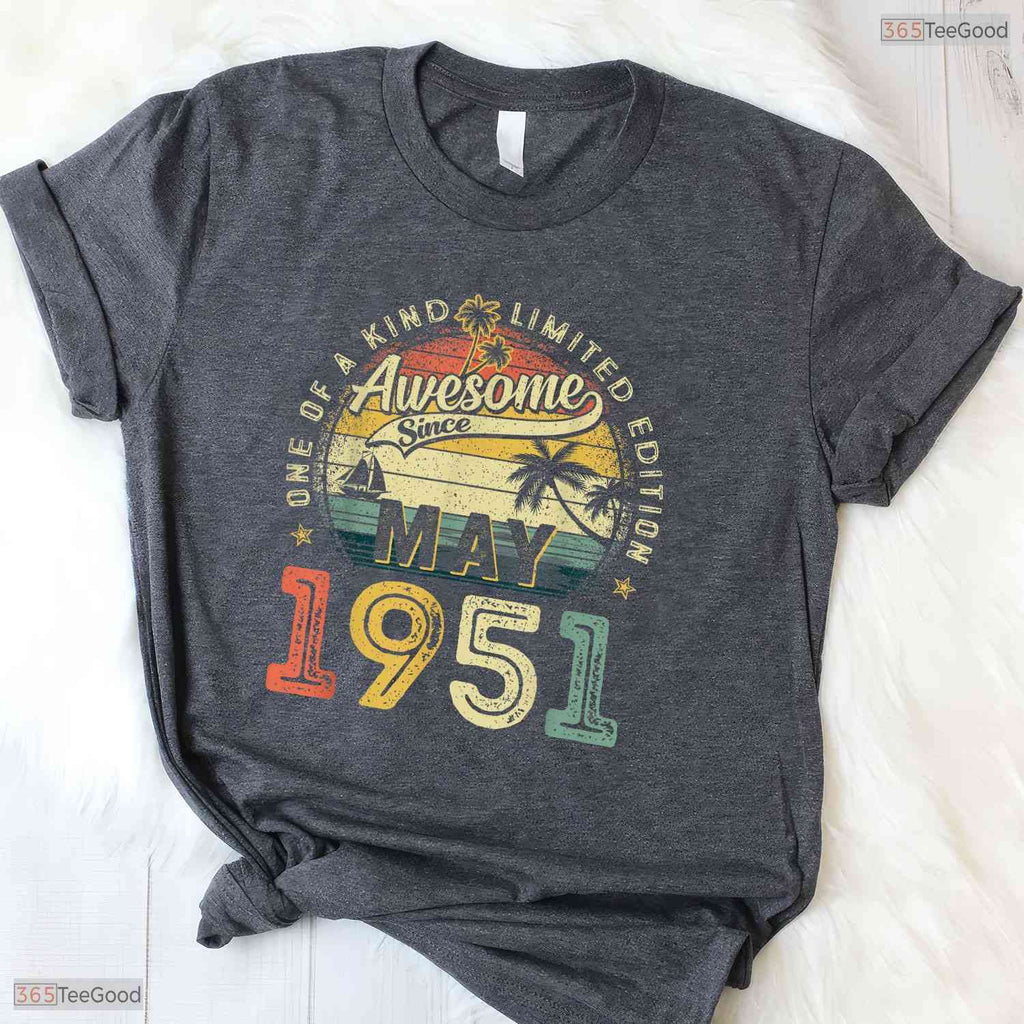 Vintage Awesome Since May 1951 T-Shirt- 75th May Birthday Celebration Shirt