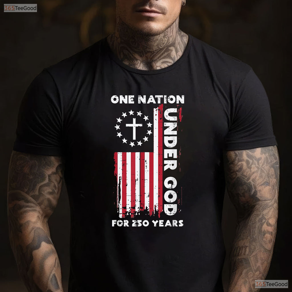 250 Year USA Flag Christian God Valentine T-Shirt- Trout Fishing Apparel Men