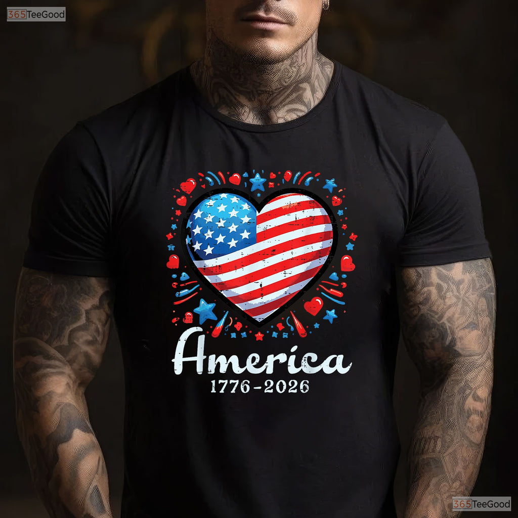 America US Flag Heart 250th Anniversary Valentine T-Shirt Surf Fishing Shirts Men