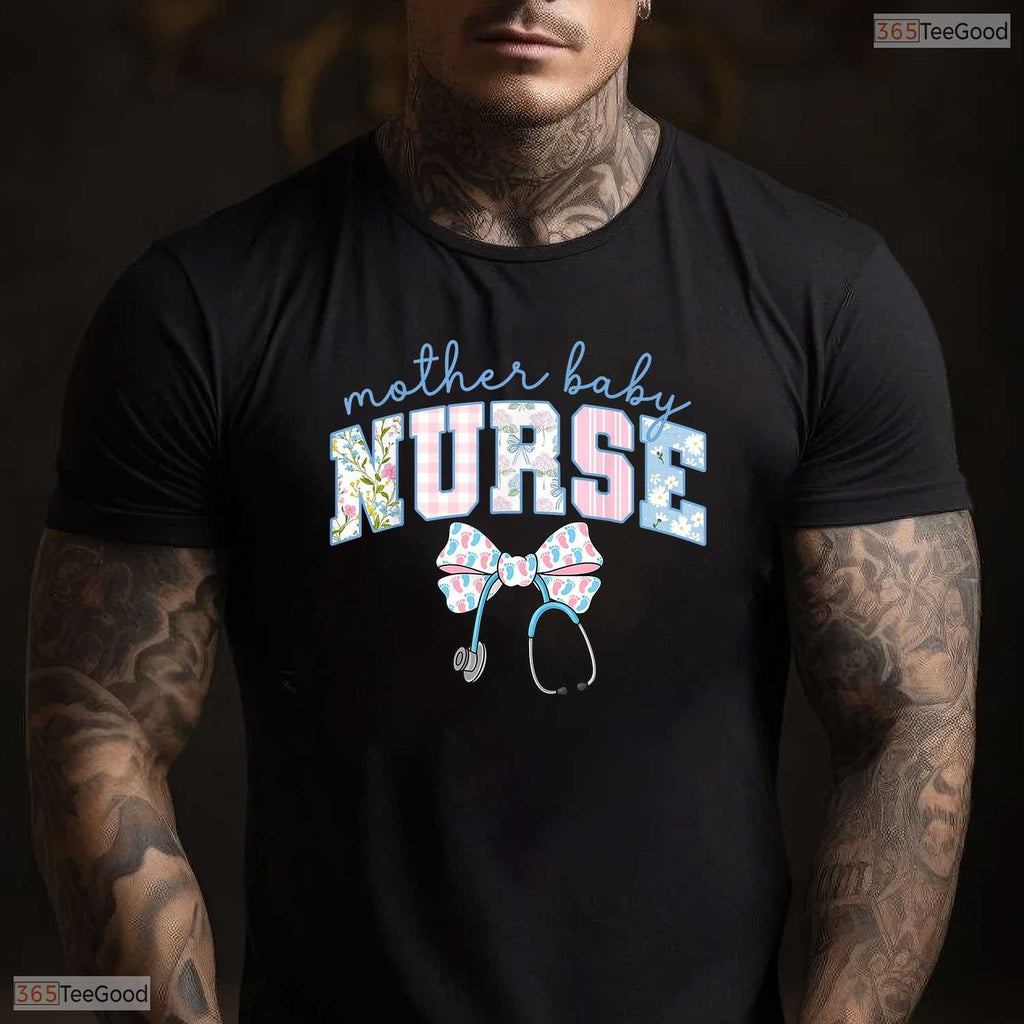 Mother Baby Nurse Team Coquette Blue Stethoscope Mothers Day T-Shirt Gift Idea