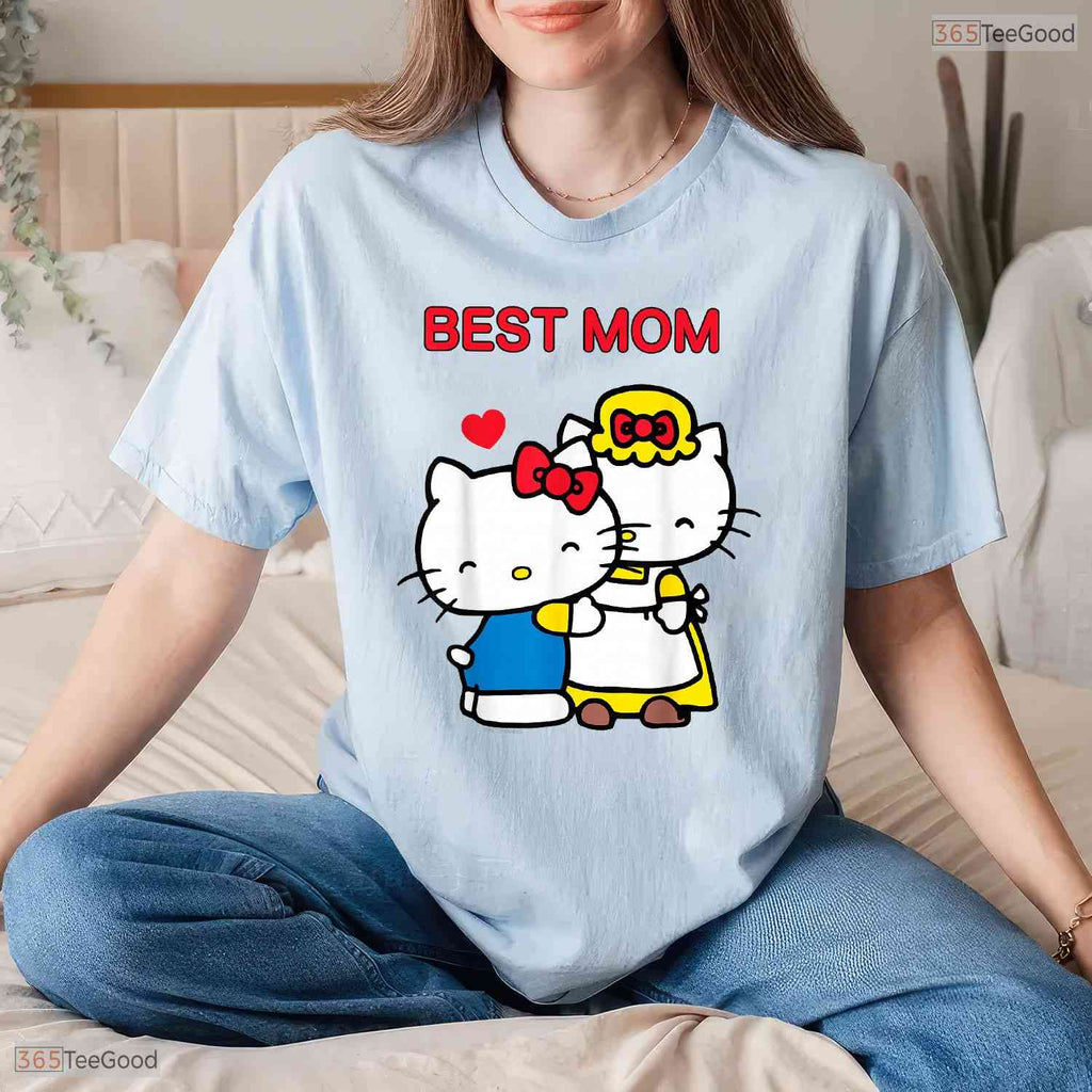 Cute Japanese Cat Best Mom Shirt Sweet Pink Bow Kawaii Cat Mothers Day T-Shirt