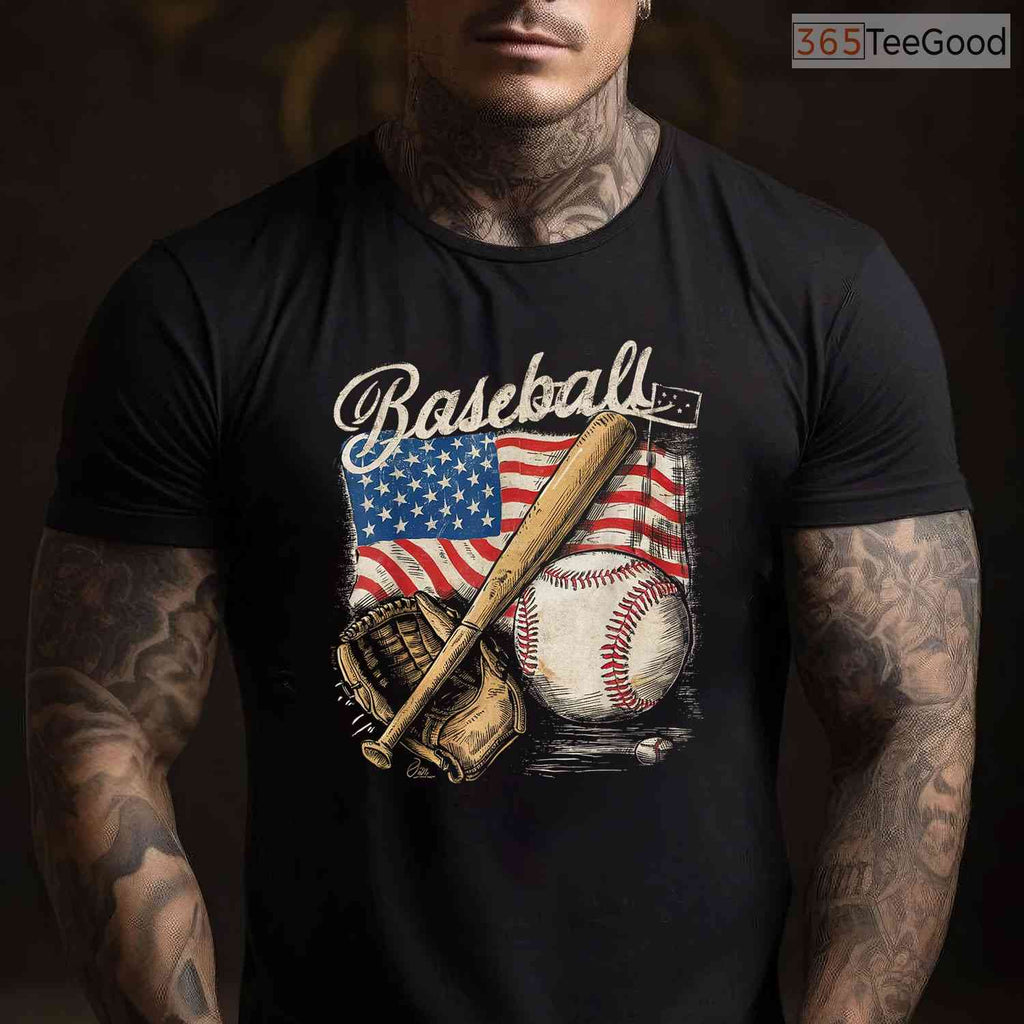 American Flag Baseball Player Bat Fan T-Shirt USA Catcher Pitcher Sport Tee