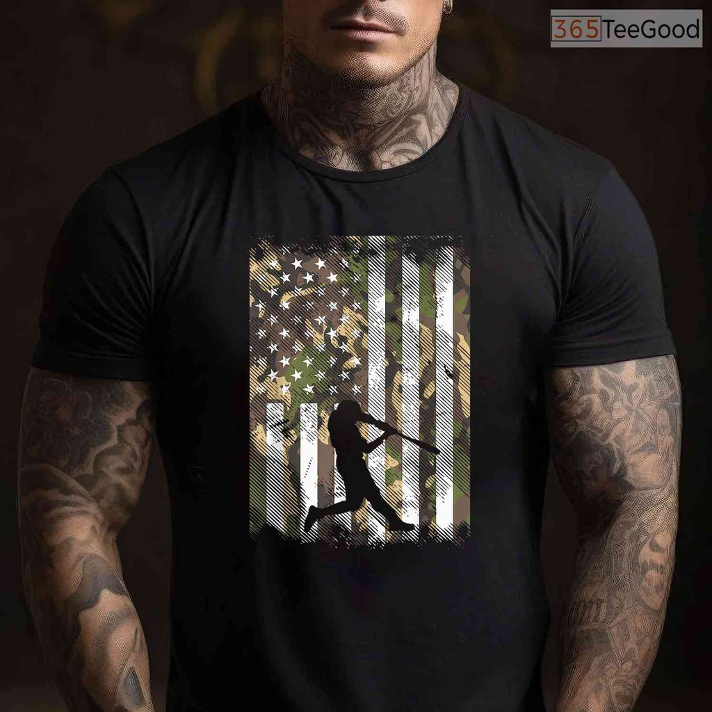 Camo Flag Baseball Player Vintage T-Shirt Patriotic Men Women Kids Sport Tee