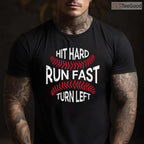 Hit Hard Run Fast Turn Left Funny Baseball Player T-Shirt Men Boys Sport Tee