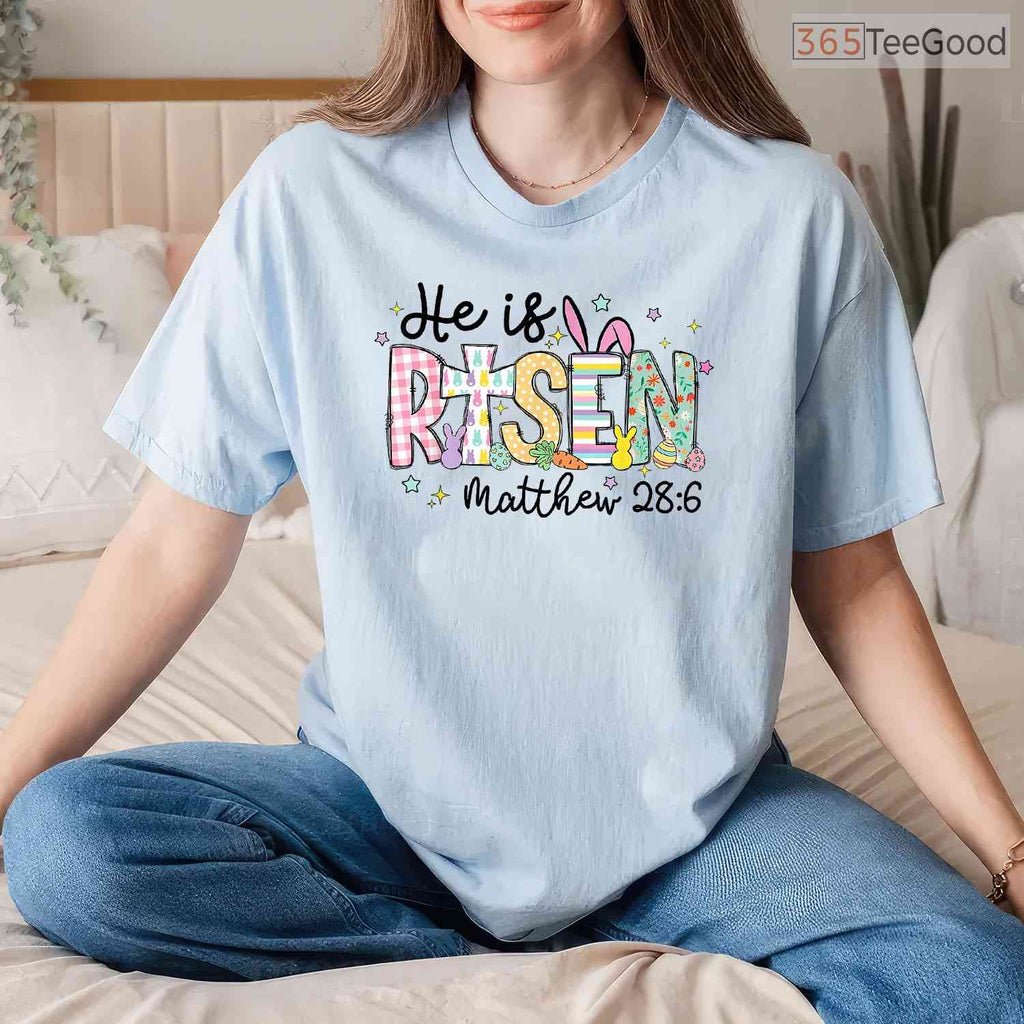 He Is Risen Jesus Christian Happy Easter T-Shirt Women Girls Faith Holiday Tee
