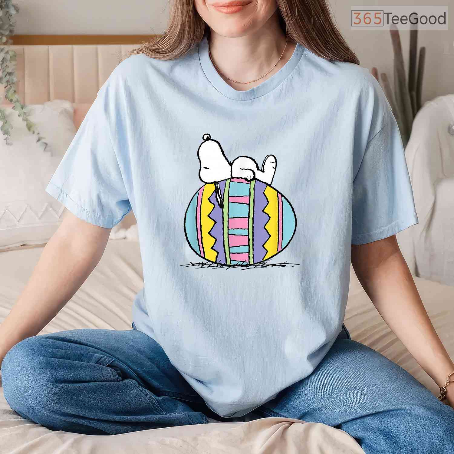 Snoopy Laying On Easter Egg T-Shirt Funny Peanuts Cartoon Happy Easter Shirt