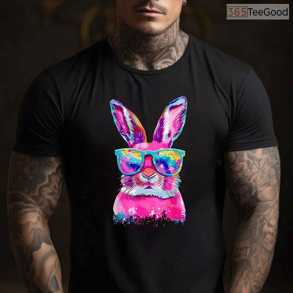 Bunny Face With Tie Dye Glasses Happy Easter Day T-Shirt Men Boy Kid Party Tee
