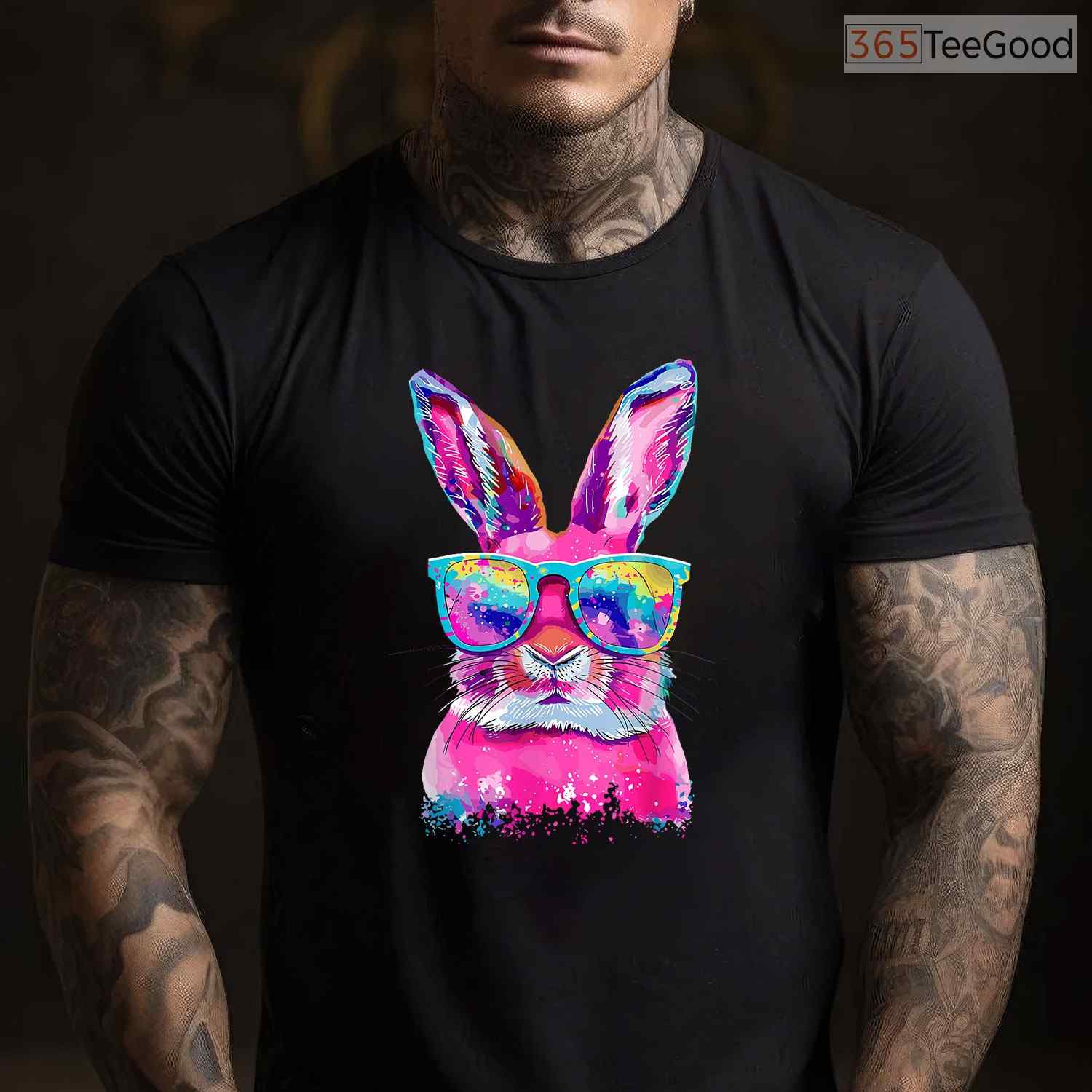 Bunny Face With Tie Dye Glasses Happy Easter Day T-Shirt Men Boy Kid Party Tee