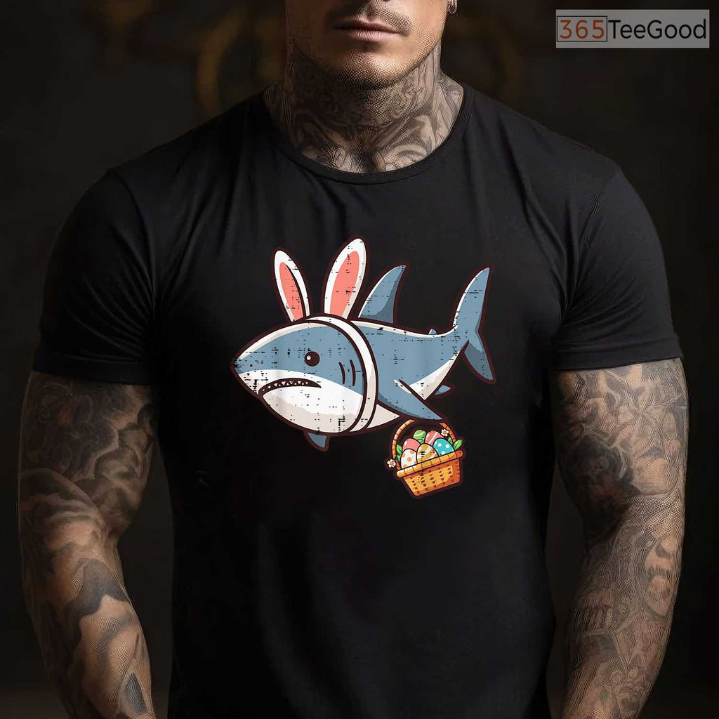 Shark Bunny Easter Eggs T-Shirt Funny Sea Animal Hunt Boys Kids Mens Top Shirt