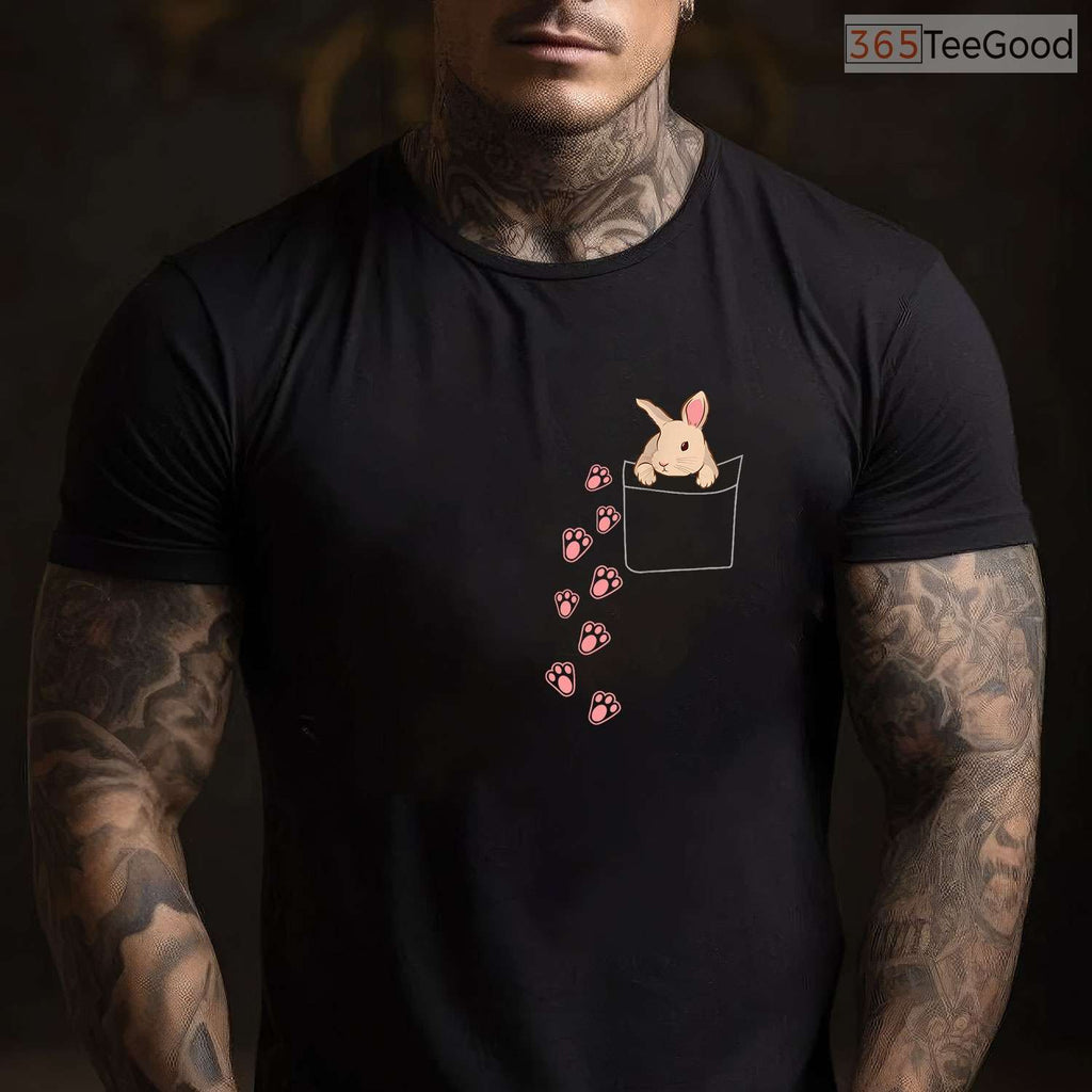 Easter Cute Bunny In Pocket T-Shirt Rabbit Footprints Faux Pocket Gift Shirt