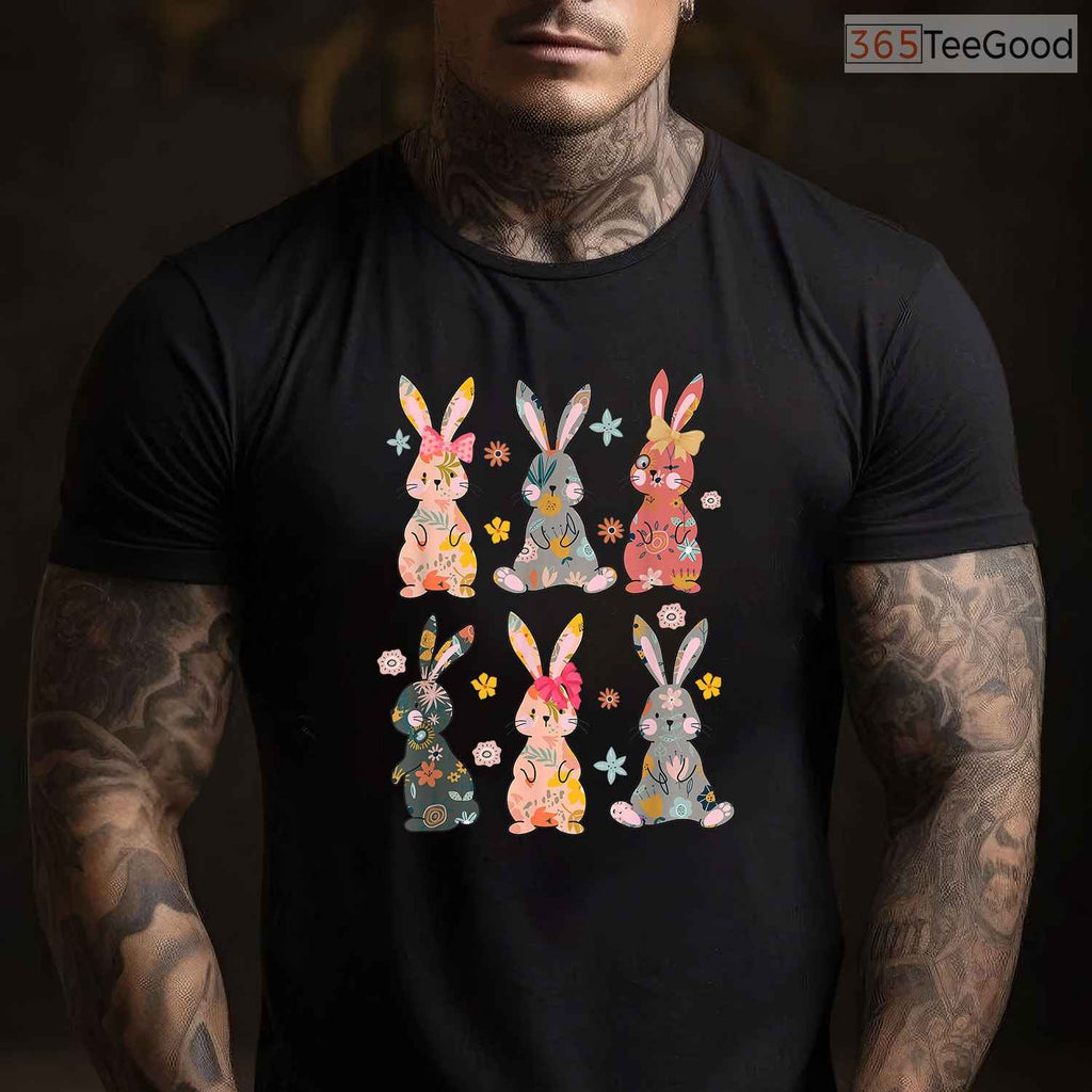 Vintage Retro Bunny Floral T-Shirt Flower Rabbit Easter Day Cute Womens Shirt