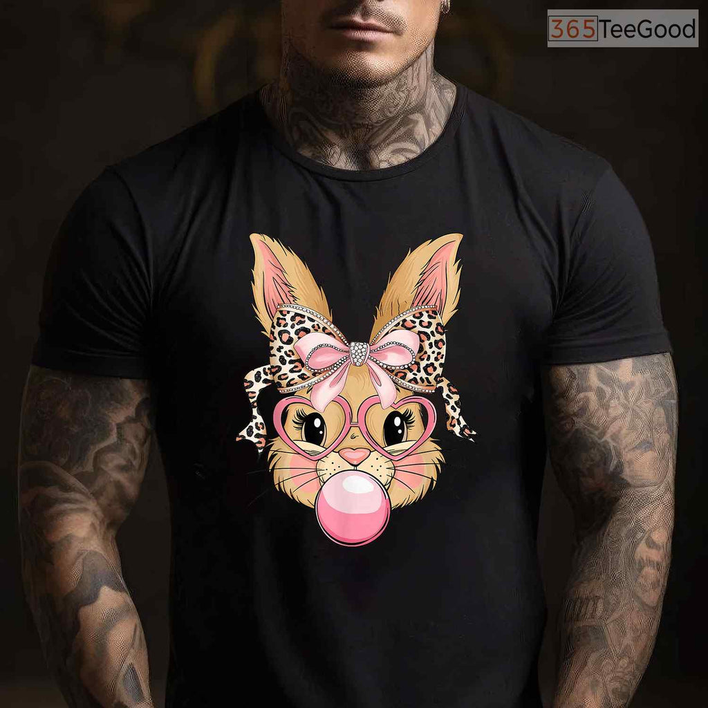 Cute Bunny Rabbit Face Leopard Glasses T-Shirt Girl Happy Easter Trendy Shirt