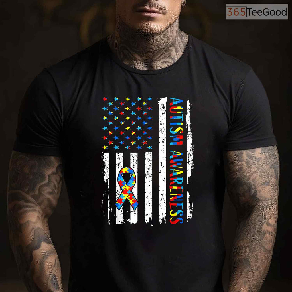 Autism Awareness Mom Dad USA Flag Autistic Awareness Shirt April T-Shirt