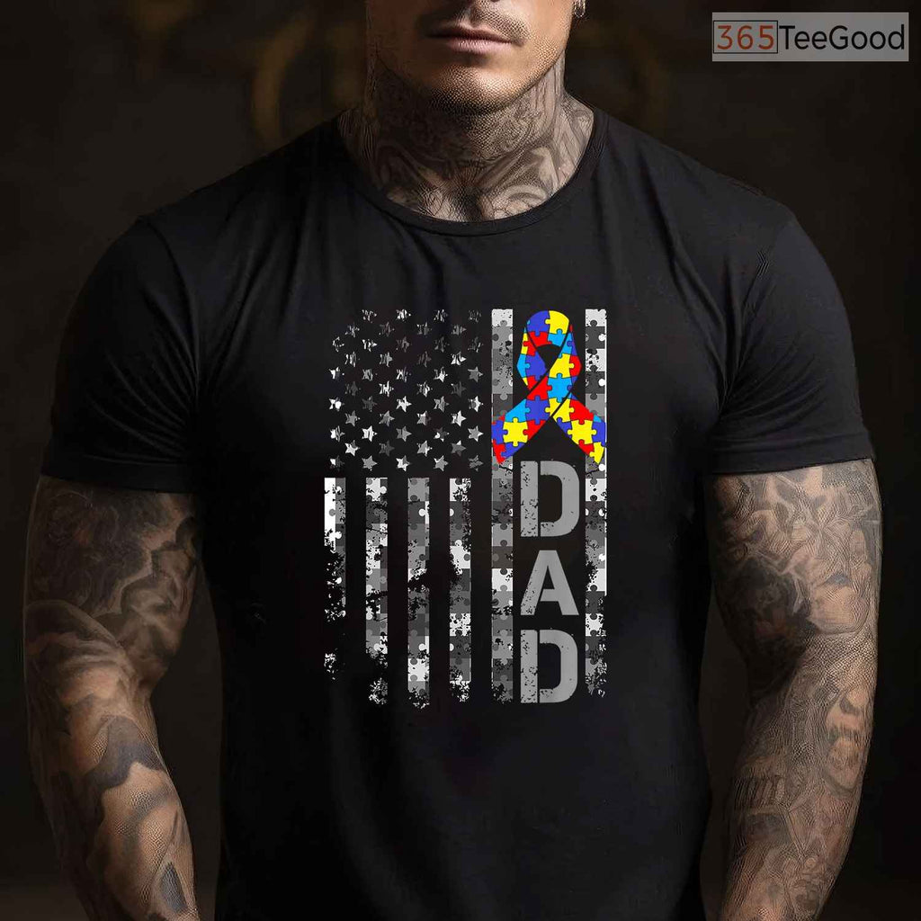 Autism Awareness Dad USA Flag Fathers Day Shirt April Support Men Gift T-Shirt