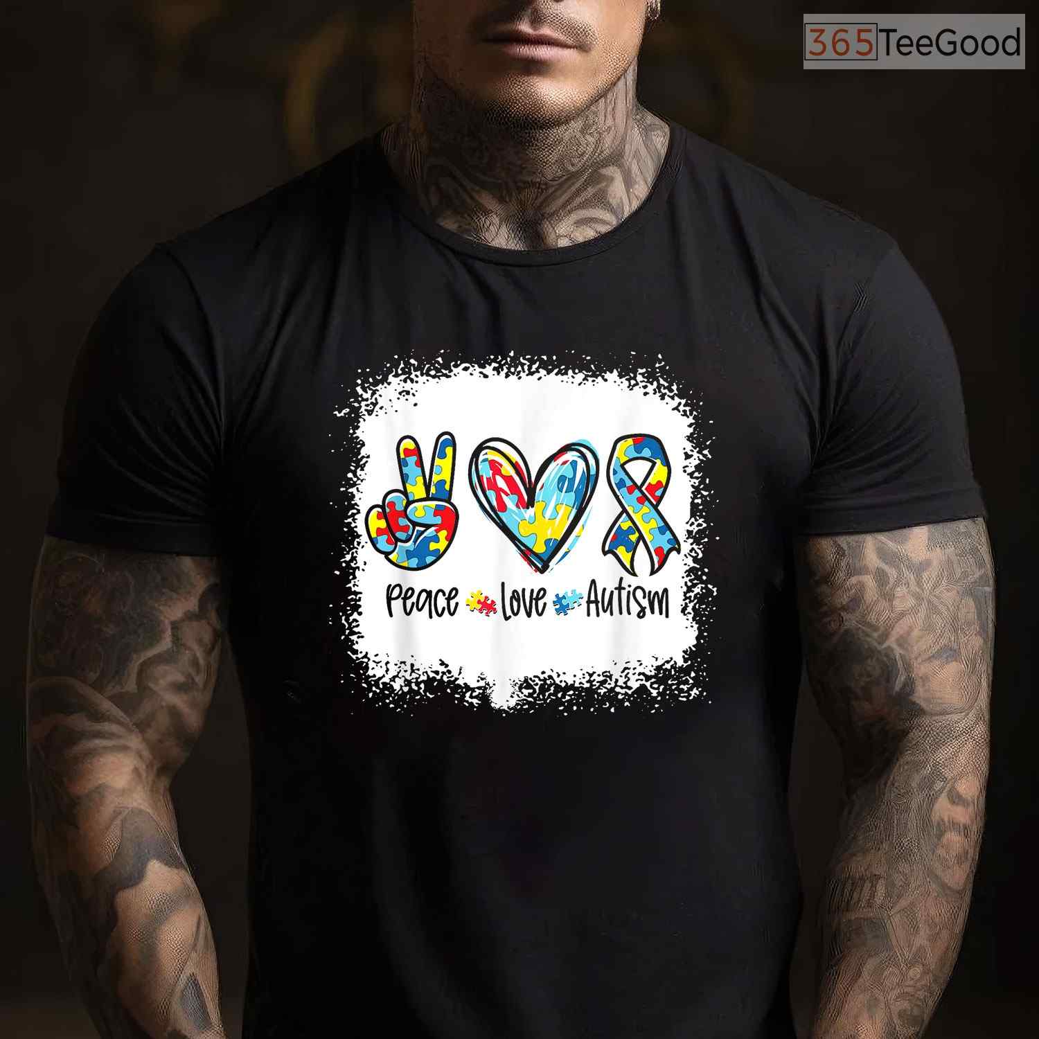 Peace Love Autism Puzzle Ribbon Bleached Shirt April Awareness Women T-Shirt