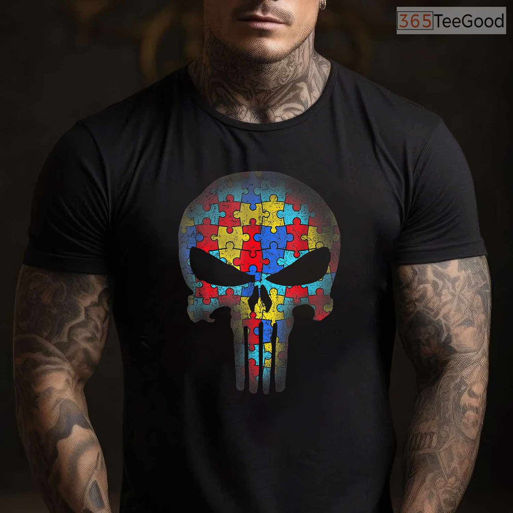 Skull Autism Awareness Puzzle Piece Mens Womens Shirt April Cool Edgy T-Shirt
