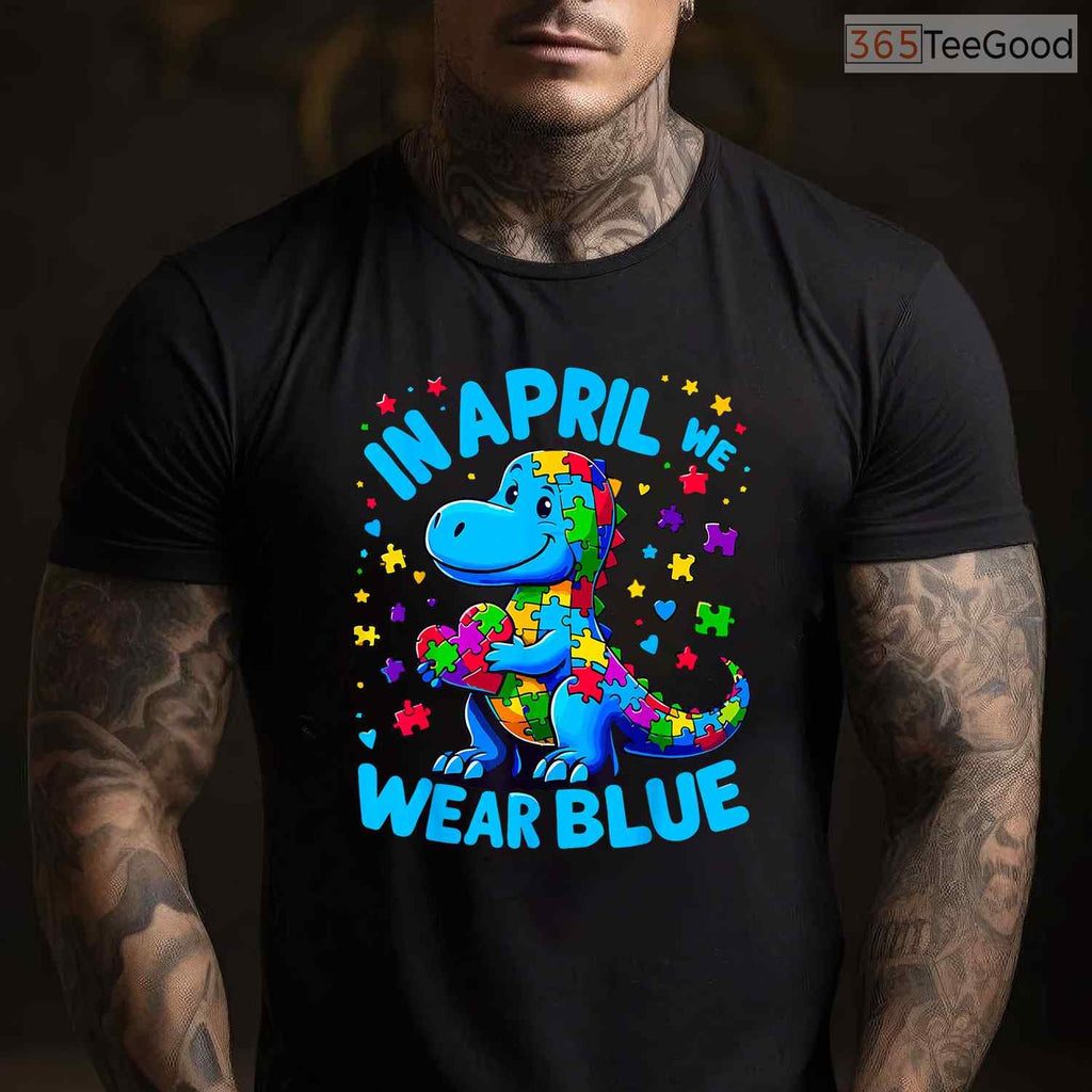 Autism Awareness In April We Wear Blue T Rex Dino Shirt Boys Kids T-Shirt