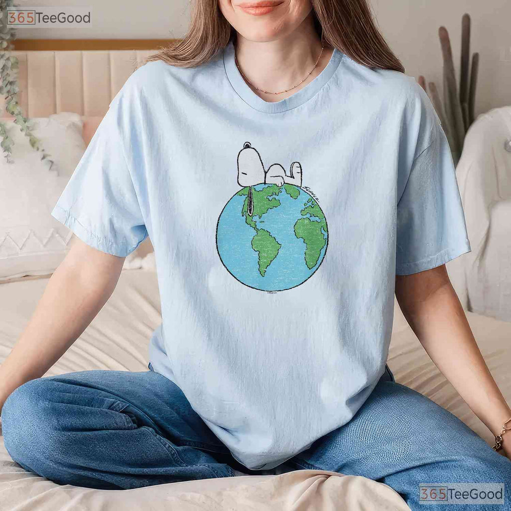Peanuts Snoopy Earth Day T-Shirt Laying On Top of The World Cute Cartoon Dog Tee
