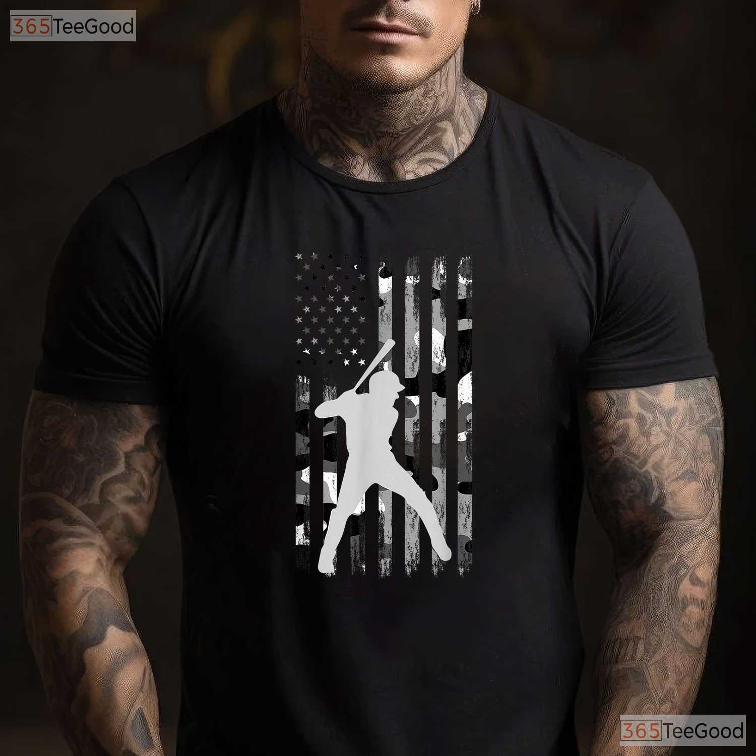 American Flag Baseball Player Camo T-Shirt USA Patriotic Graphic Sports Gift