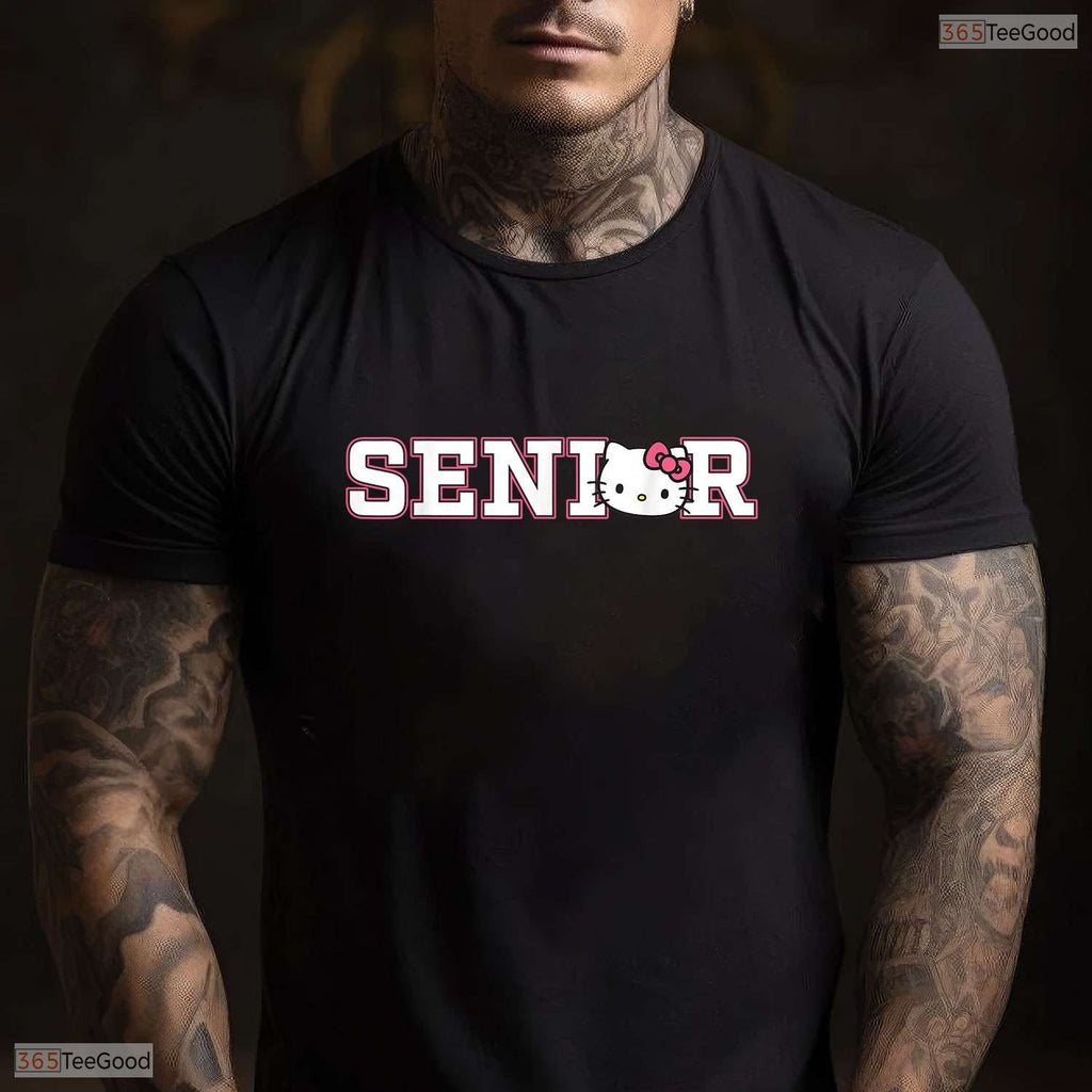 Cute Kawaii Cat Senior Collegiate Lettering Animal Head Graduation T-Shirt