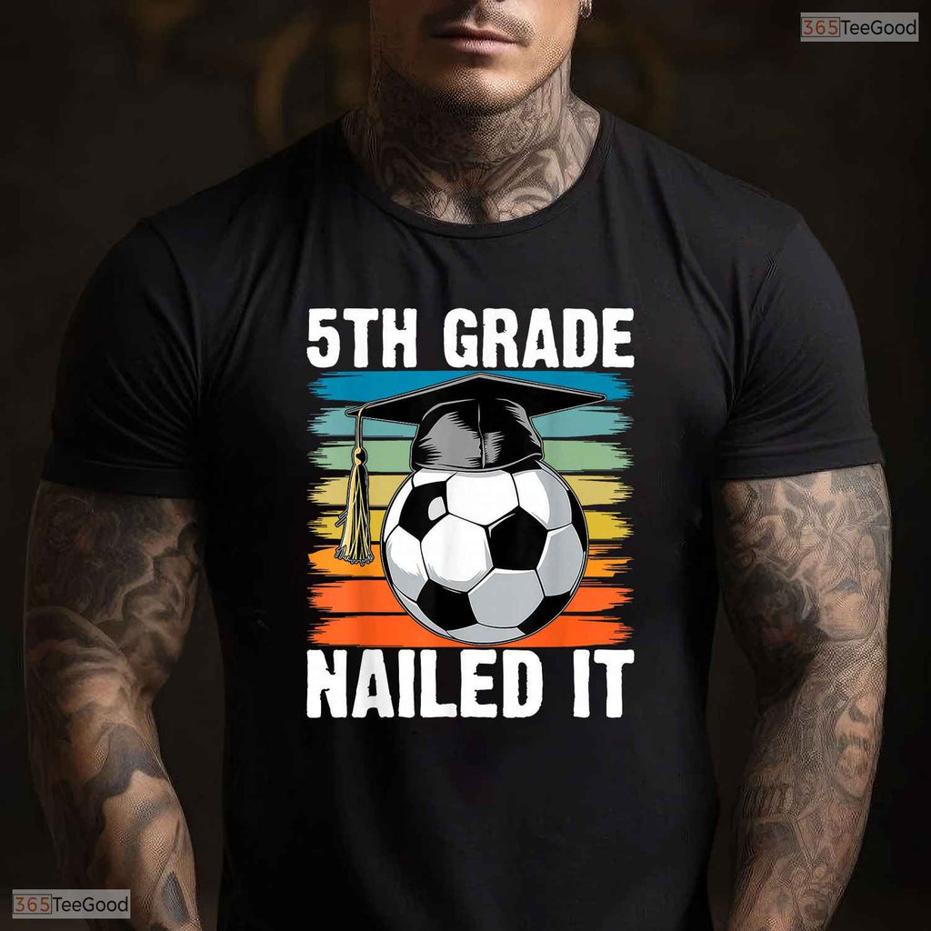 Retro 5th Grade Nailed It Soccer Ball Graduation Cap Boys Party T-Shirt