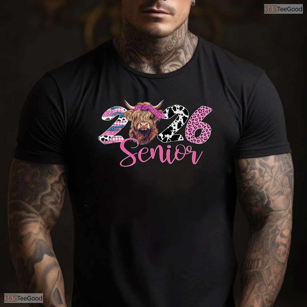 Trendy Class Of 2026 Senior Graduation Leopard Print Highland Cow Western Girls T-Shirt
