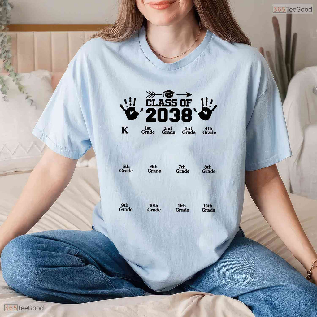 Class Of 2038 Grow With Me Handprint Pre K To 12th Grade Keepsake Kids Shirt