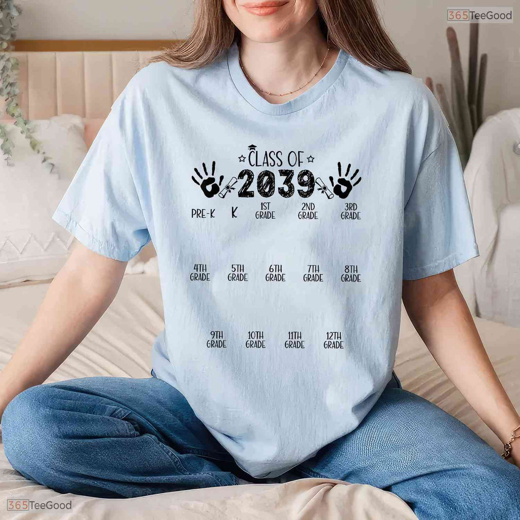 Class Of 2039 Grow With Me Pre K To 12th Grade Handprint Youth Graduation T-Shirt