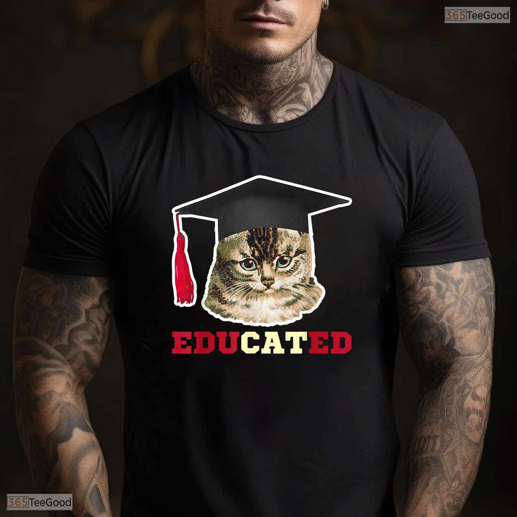 Educated Cat In Graduation Cap Funny High School College Graduate Gag T-Shirt