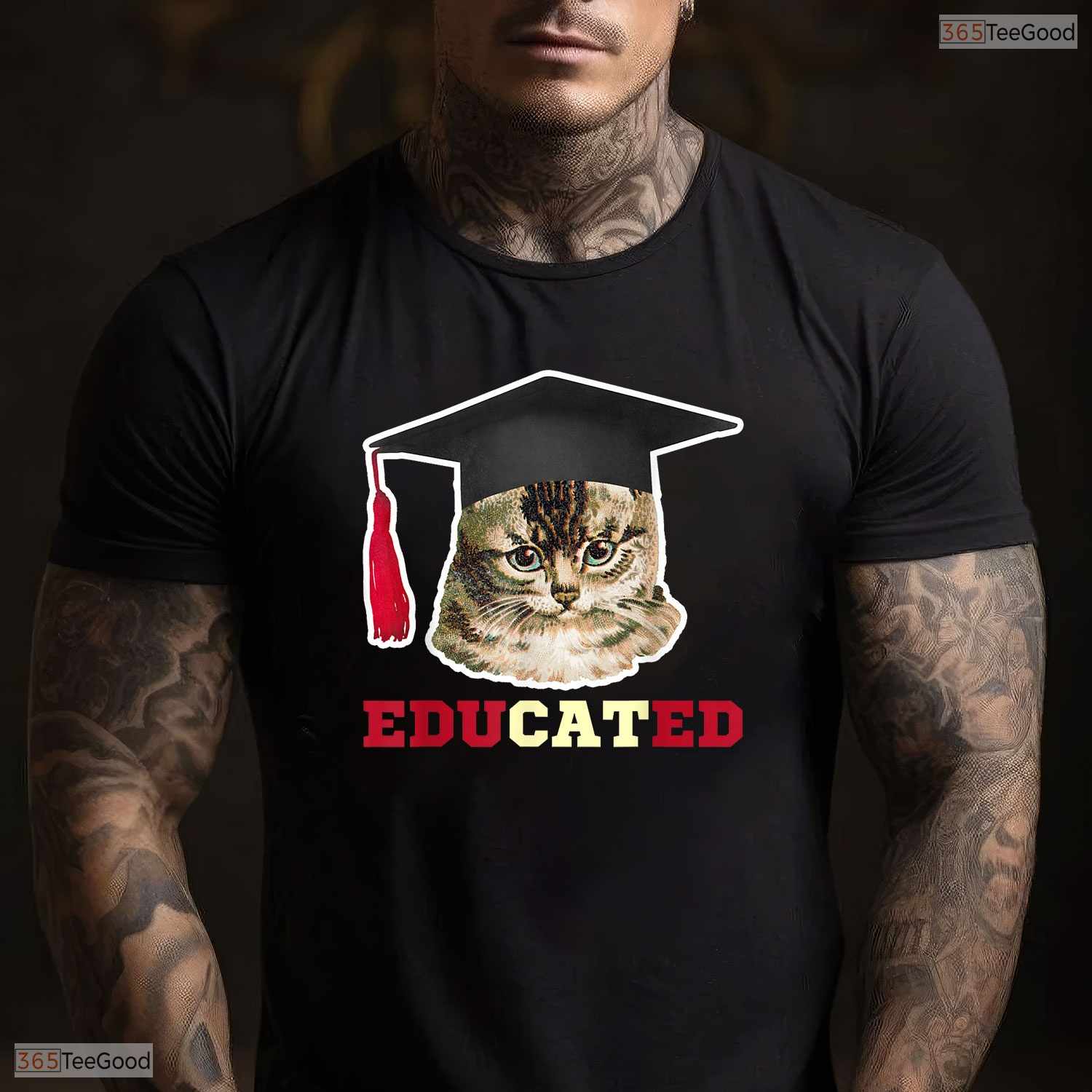 Educated Cat In Graduation Cap Funny High School College Graduate Gag T-Shirt