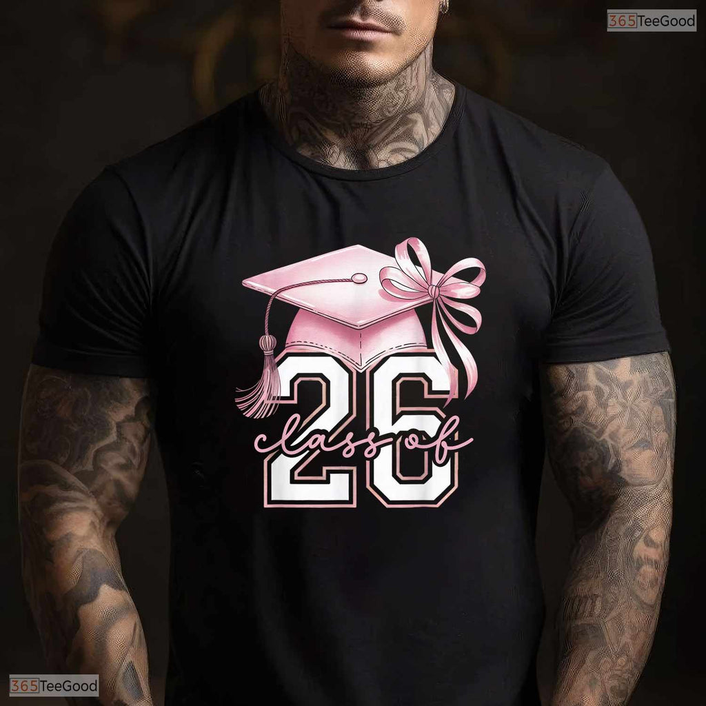 Trendy Pink Coquette Bow Senior Class Of 2026 Graduation Girls Aesthetic T-Shirt