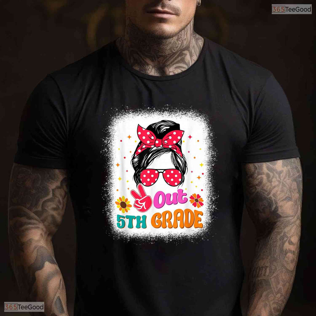 Peace Out 5th Grade Messy Bun Girl Elementary School Moving Up Graduation T-Shirt