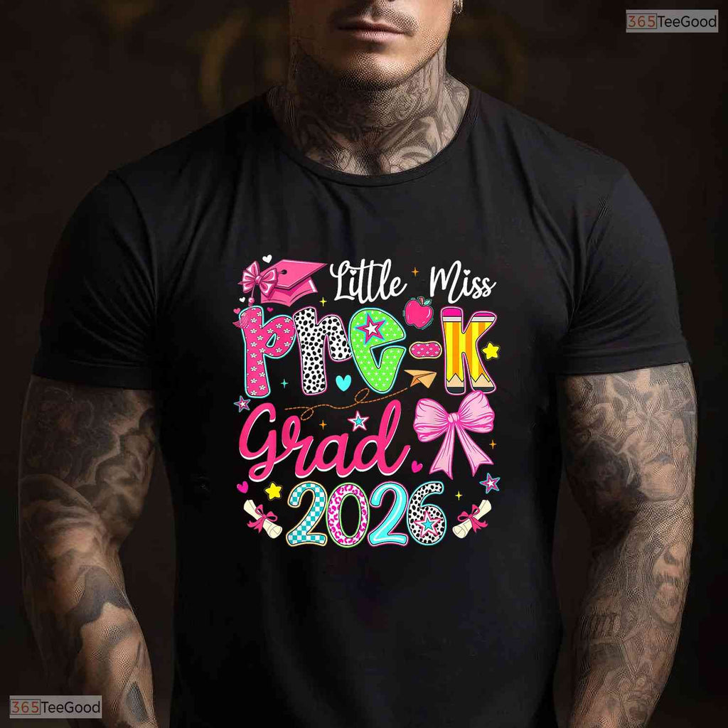 Cute Little Miss Pre-K Grad 2026 Preschool Graduation Ribbon Bow Girls Party T-Shirt