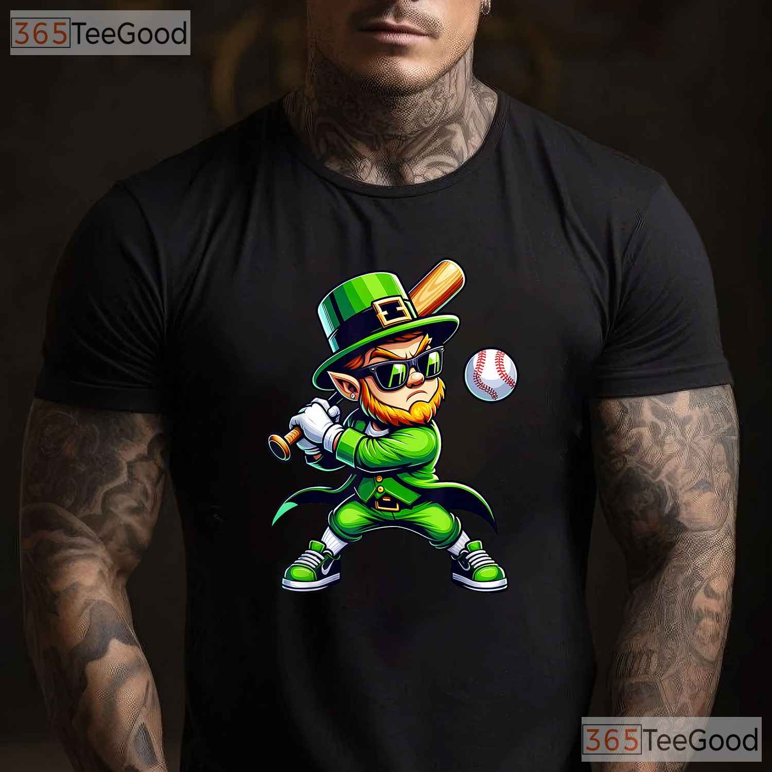Leprechaun Playing Baseball St Patricks Day T-Shirt Sports Men Boys Tee