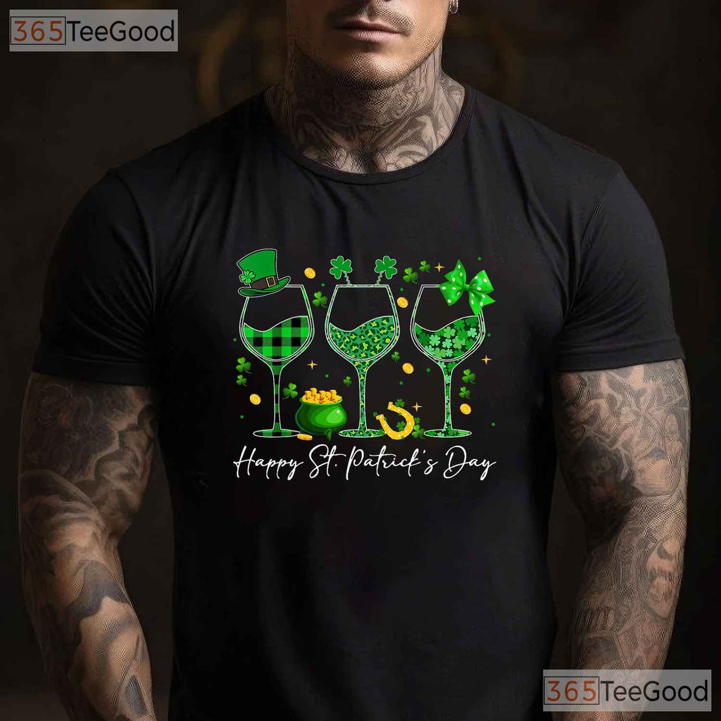 Leopard Shamrock Wine Glasses St Patricks Day T-Shirt Funny Drinking