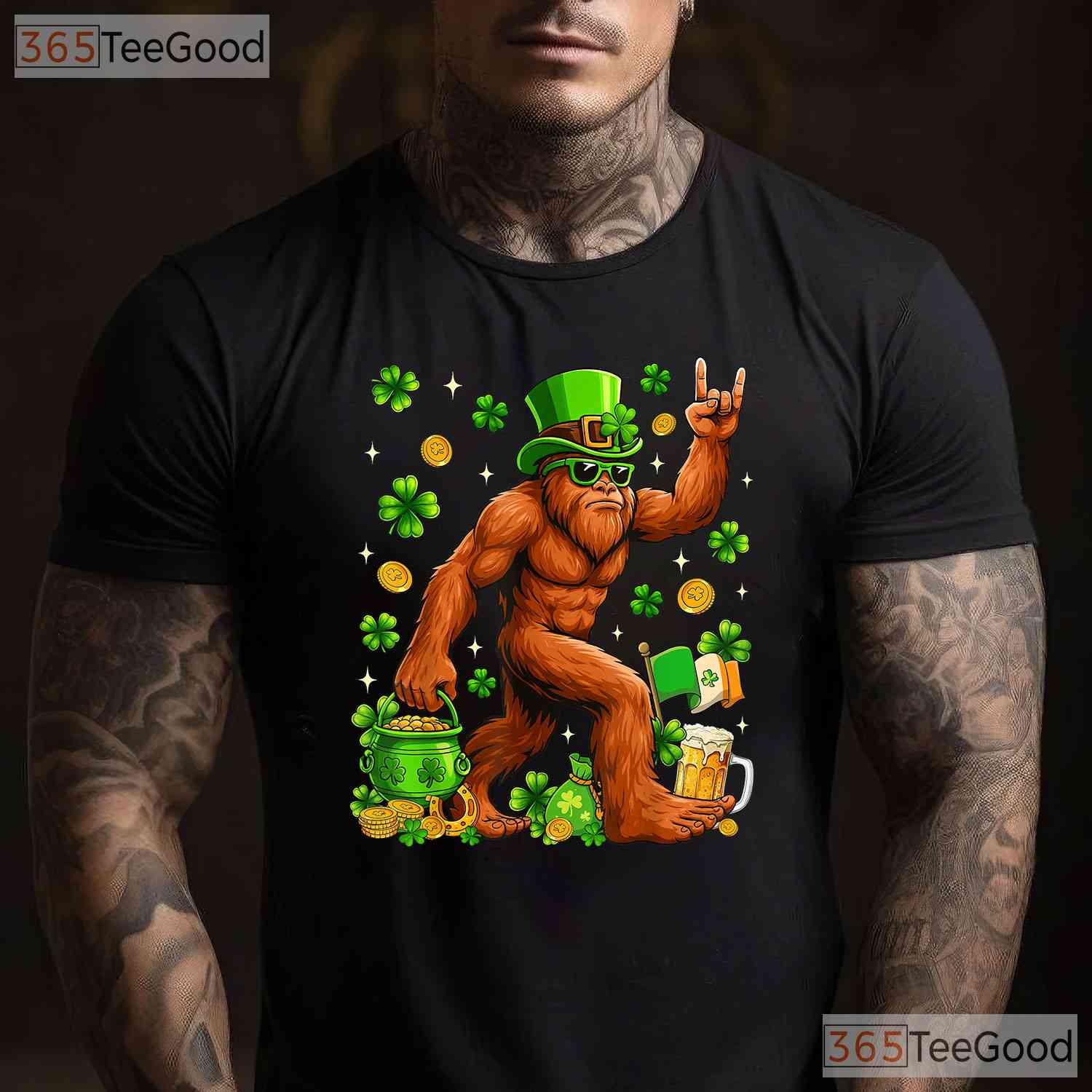 Bigfoot Sasquatch Carrying Shamrock St Patricks Day T-Shirt Hide Seek Champ