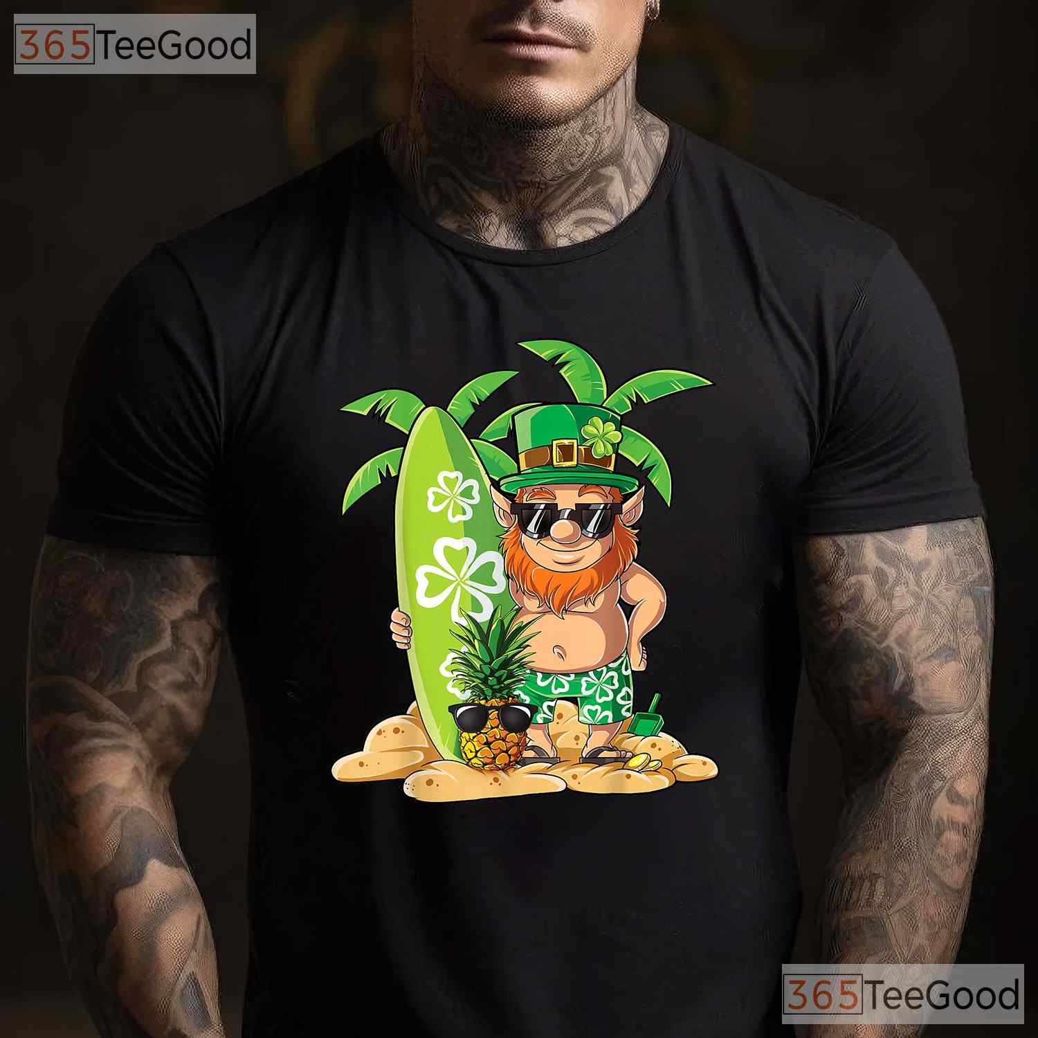 Surfing Leprechaun Hawaiian St Patricks Day T-Shirt Tropical Aloha Irish Tee